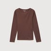 T-shirt cintr&eacute; manches longues col rond marron femme