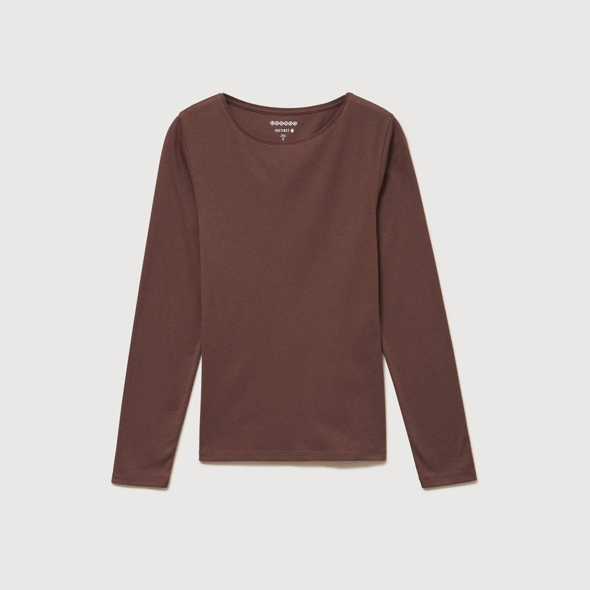 T-shirt cintr&eacute; manches longues col rond marron femme
