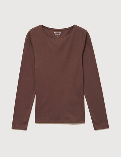 T-shirt cintr&eacute; manches longues col rond marron femme