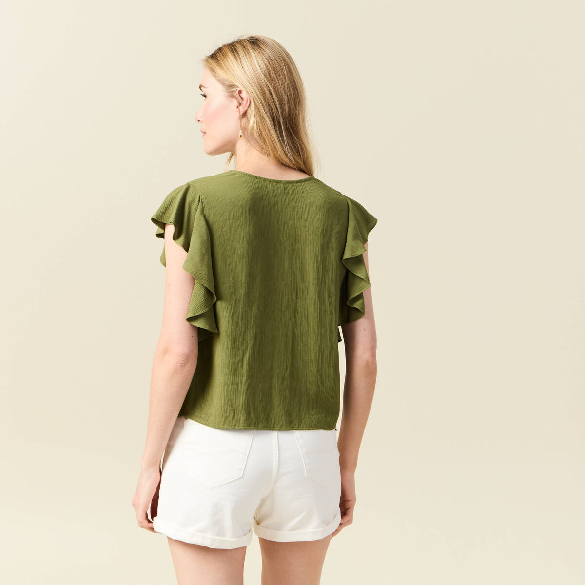 Blouse manches courtes nouée vert kaki femme