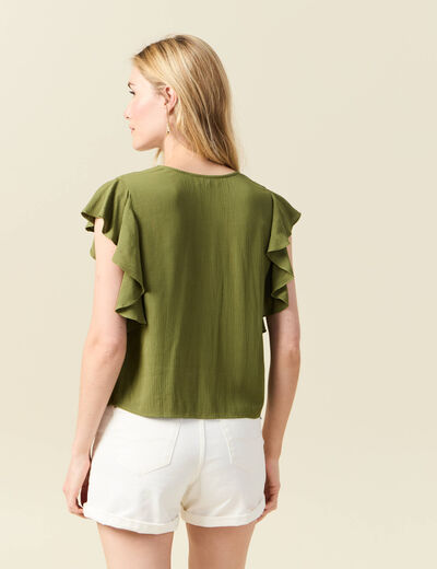 Blouse manches courtes nouée vert kaki femme