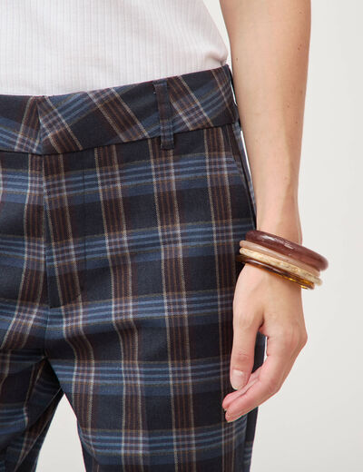 Pantalon flare &agrave; carreaux taille haute bleu gris femme