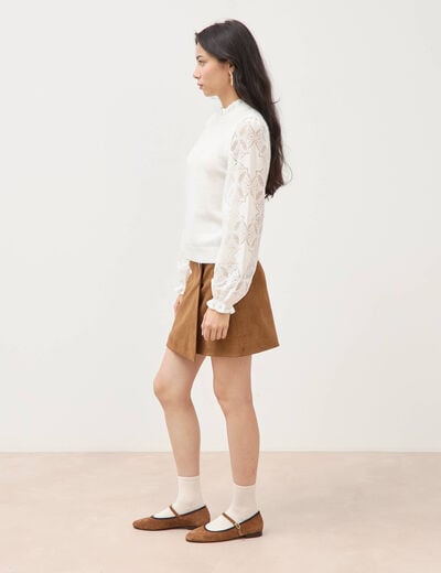 Pull droit col &agrave; volants manches longues ecru femme