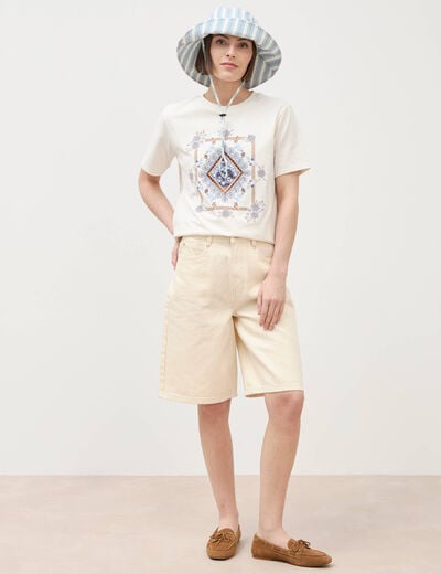 T-shirt en coton manches courtes ivoire femme