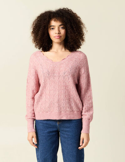Gilet ajour&eacute; col V manches longues rose pastel femme