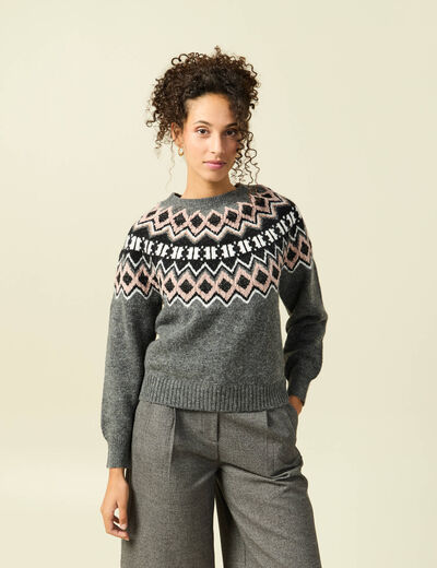 Pull col rond manches longues gris clair femme
