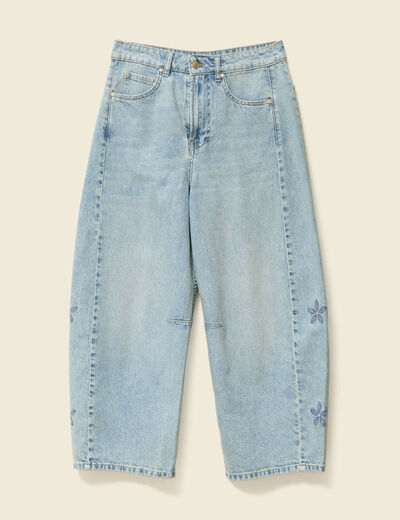 Jeans barrel brod&eacute; 7/8&egrave;me denim bleach femme