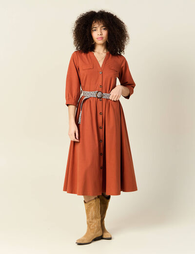 Robe midi évasée ceinturée marron cognac femme