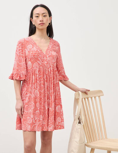 Robe col v manches au coude orange corail femme