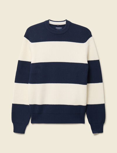 Pull fin ray&eacute; manches longues col rond bleu marine homme