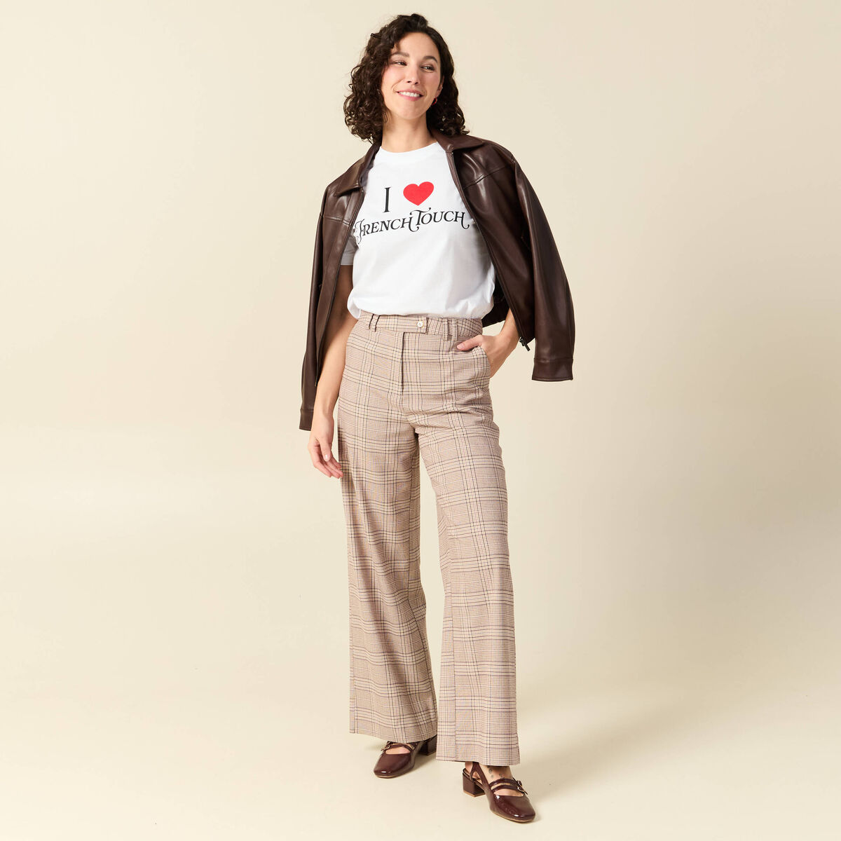 Pantalon loose taille standard fluide beige femme