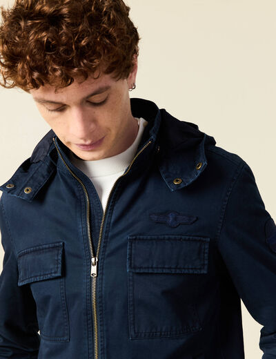 Blouson col montant à capuche bleu marine homme