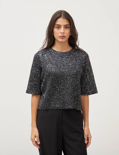 Pull manches courtes col rond brillant noir femme