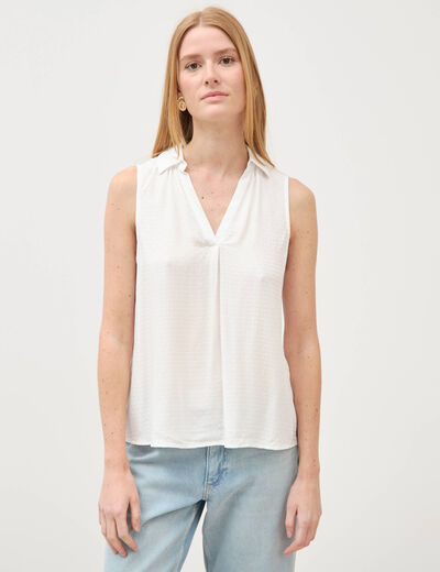 Top sans manches col tailleur ecru femme