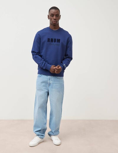 Sweat droit col rond brod&eacute; en coton bleu fonc&eacute; homme