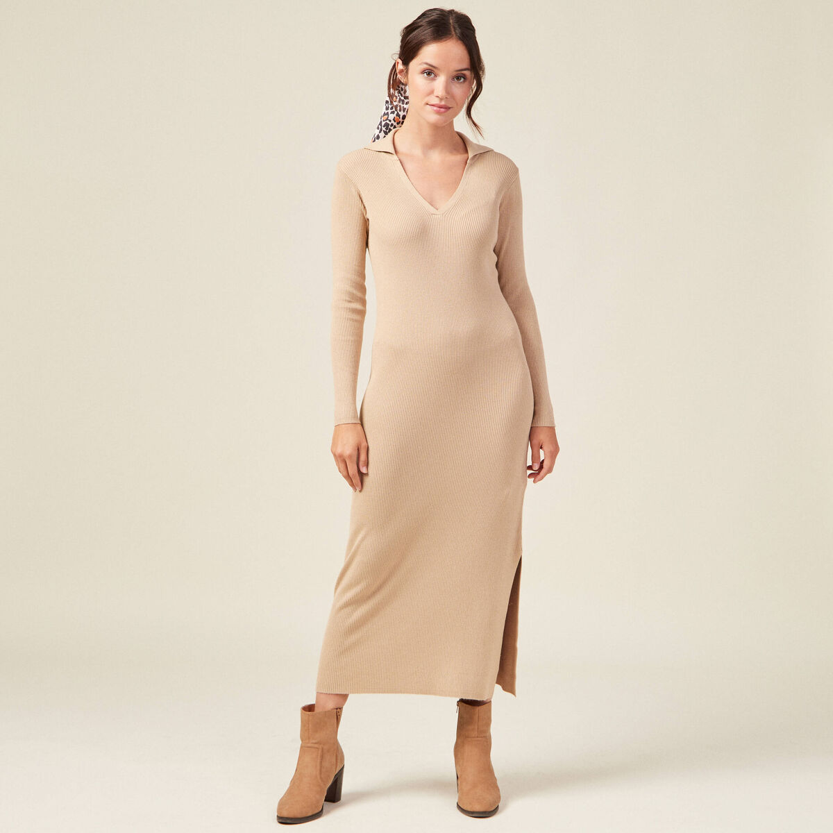 Robe pull longue moulante beige femme