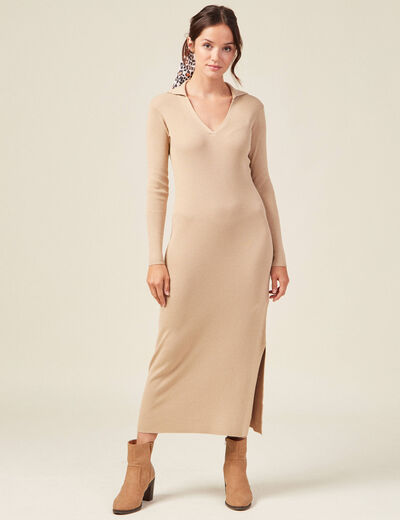 Robe pull longue moulante beige femme