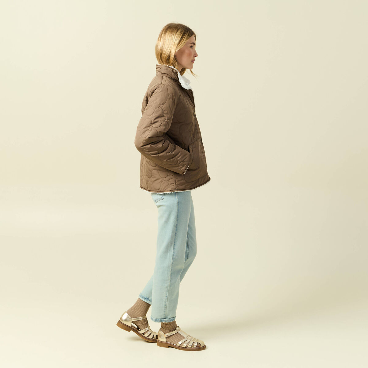 Parka courte droite effet polaire marron clair femme