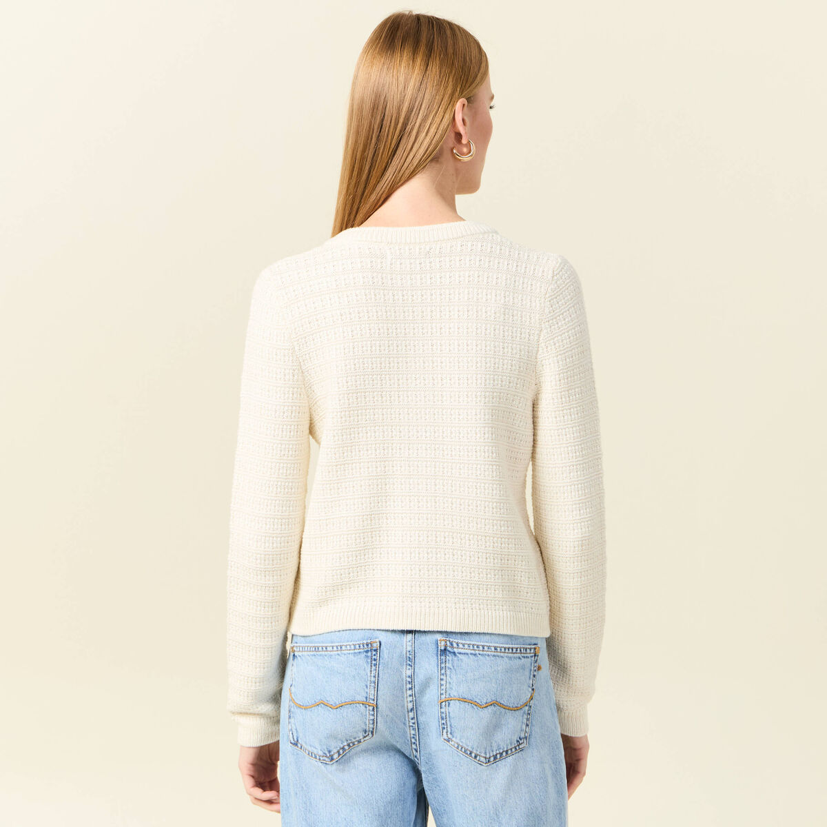 Pull manches longues ajouré ecru femme