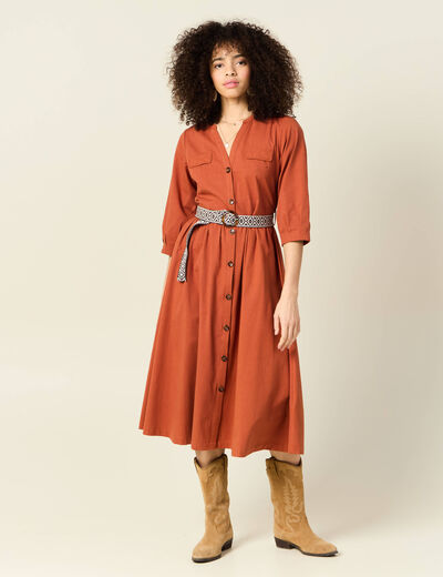 Robe midi évasée ceinturée marron cognac femme