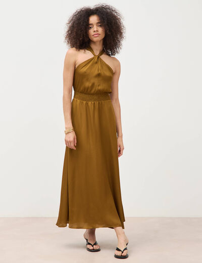 Robe satin&eacute;e col montant sans manches vert olive femme