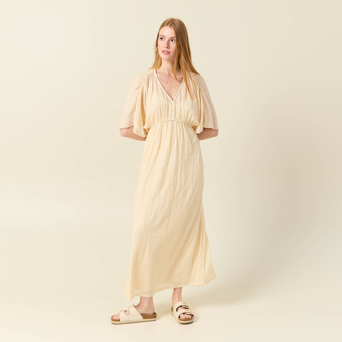 Robe longue empire col en V creme femme