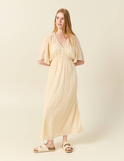 Robe longue empire col en V creme femme
