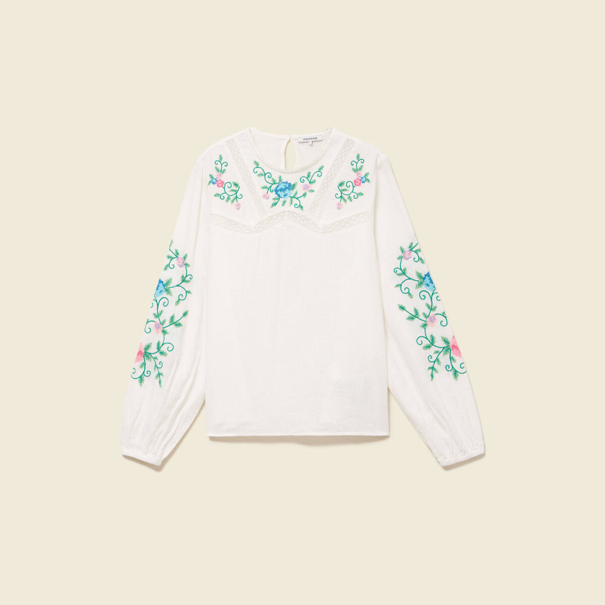 Chemise bord&eacute;e en coton manches longues ecru femme