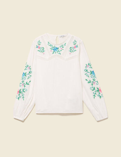 Chemise bord&eacute;e en coton manches longues ecru femme
