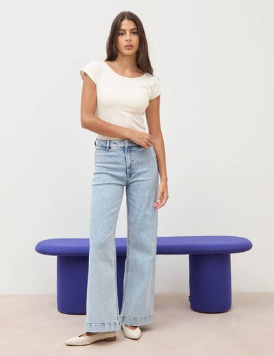 Jeans large taille haute denim bleach femme