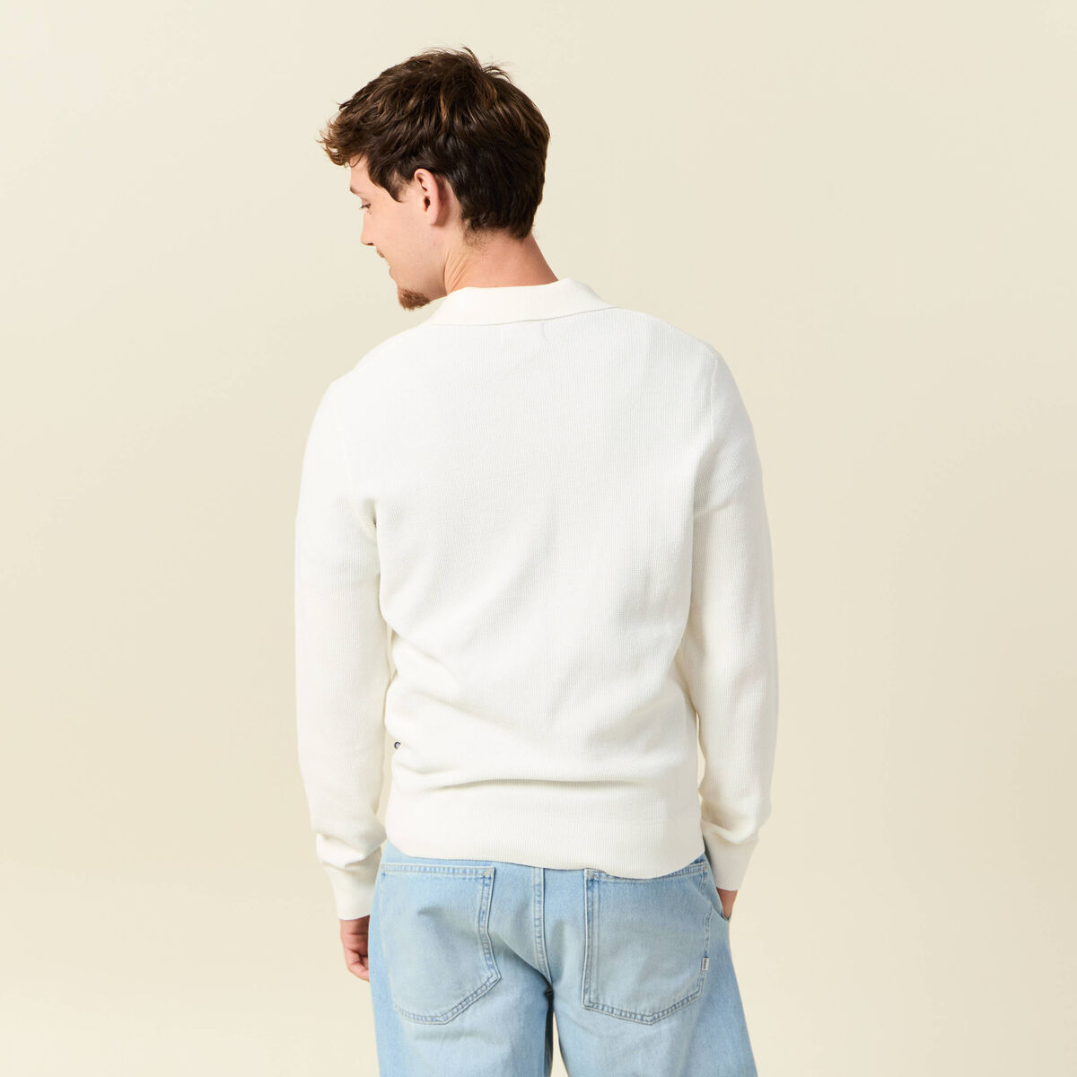 Pull droit col polo manches longues ecru homme