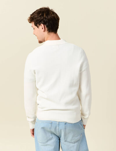 Pull droit col polo manches longues ecru homme