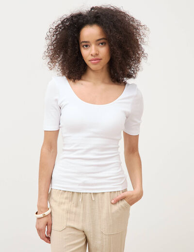 T-shirt ajust&eacute; d&eacute;collet&eacute; manches courtes blanc femme