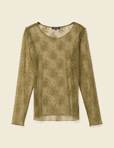 T-shirt ajusté manches longues col rond vert kaki femme