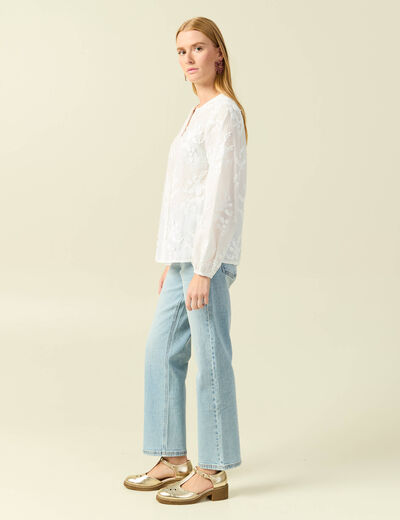 Chemise col rond manches longues brod&eacute;e ecru femme