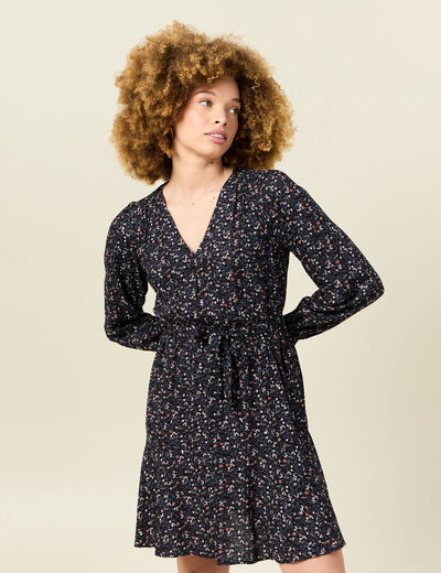 Robe droite courte col v manches longues noir femme