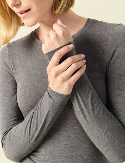 T-shirt cintr&eacute; manches longues col rond gris fonc&eacute; femme