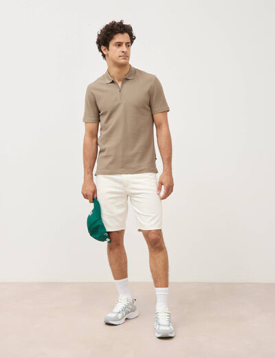 Polo en coton avec zip manches courtes taupe homme