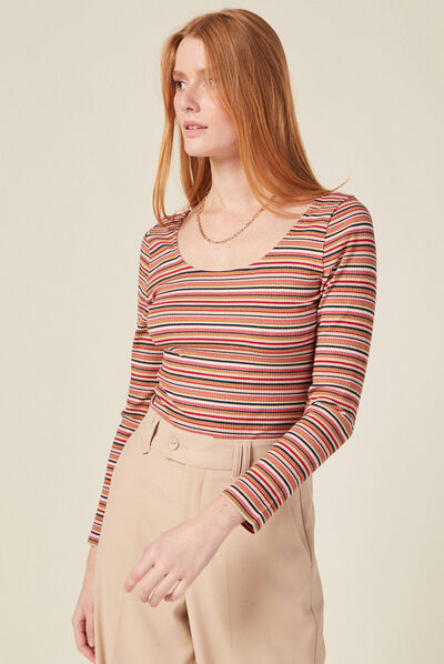 T-shirt manches longues côtelé marron femme