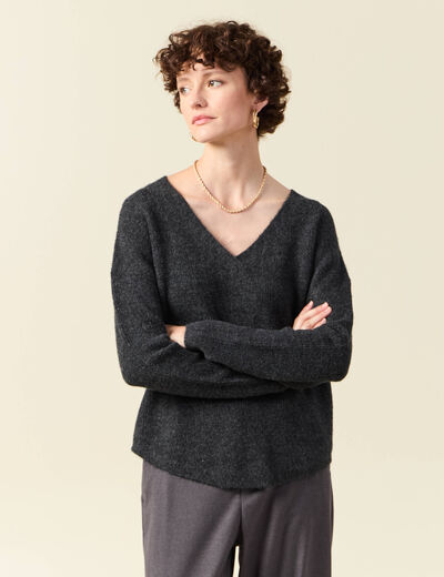 Pull manches longues col en V gris foncé femme