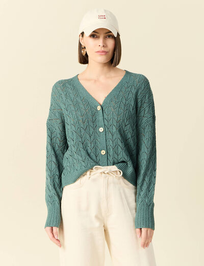 Gilet manches longues ajouré vert foncé femme