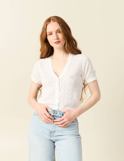 Gilet manches courtes ajouré ecru femme