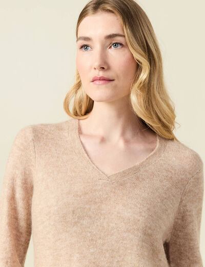 Pull manches longues col en V creme femme