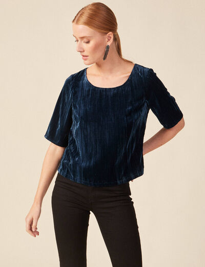 Blouse ajust&eacute;e manches courtes velours bleu canard femme