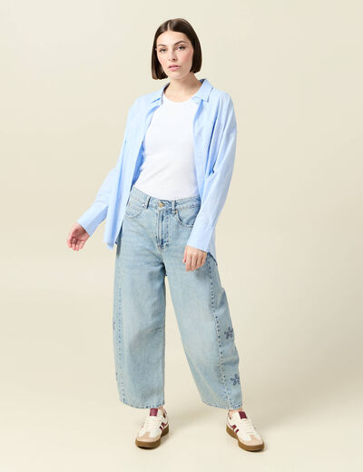 Jeans barrel brod&eacute; 7/8&egrave;me denim bleach femme