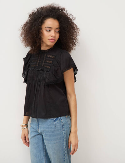 Blouse ample col montant manches courtes noir femme