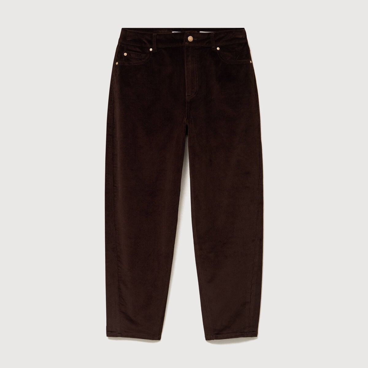 Pantalon taille haute velours resserr&eacute; marron femme