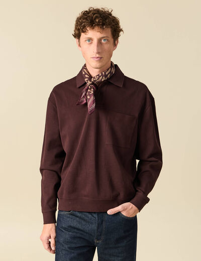 Polo ample manches longues col polo marron fonc&eacute; homme