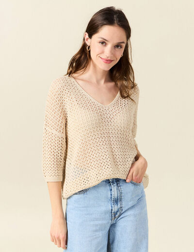 Pull ajour&eacute; col v manches 3/4 creme femme