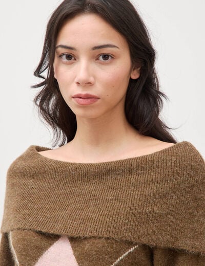 Pull droit manches longues bardot marron femme